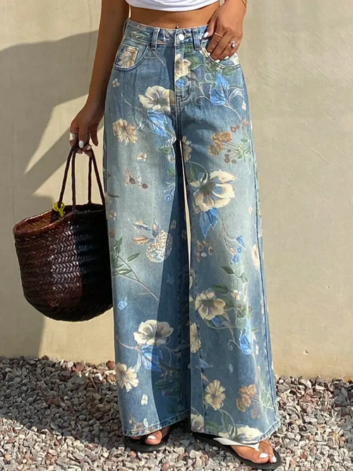 Women's Vintage Floral Pattern Art Print Casual Cotton Denim Jeans