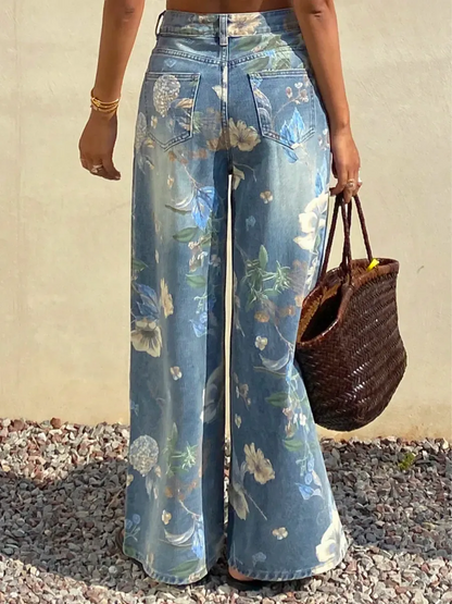 Women's Vintage Floral Pattern Art Print Casual Cotton Denim Jeans