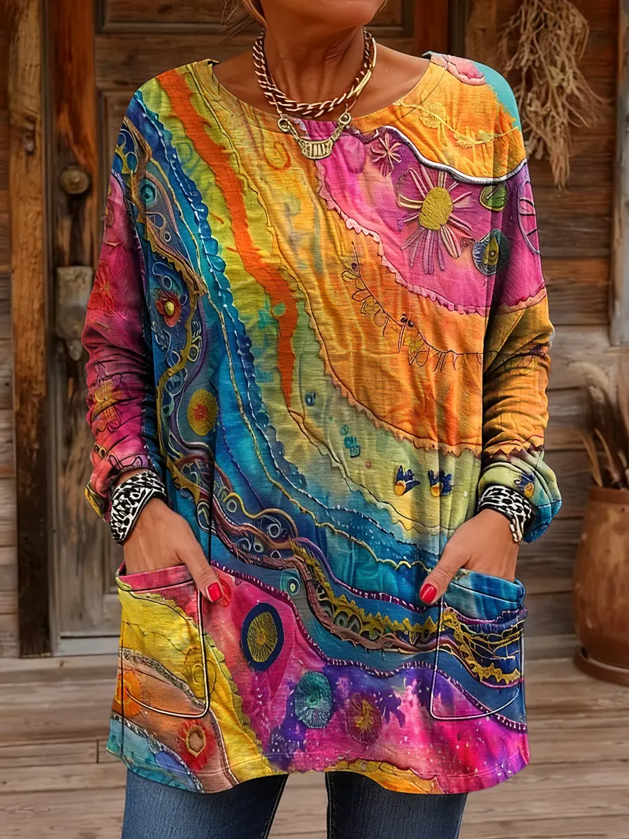 Women's Retro Ethnic Art Print Casual Long-Sleeve Round Neck Cotton T-Shirt