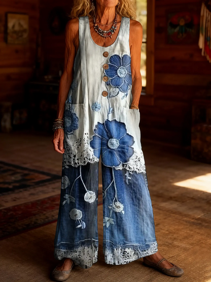 Women's Retro Hippie Heart Art Print Casual Jumpsuit 100% Cotton Material Wide-leg Design.