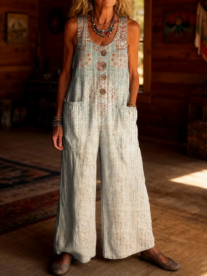 Women's Retro Hippie Heart Art Print Casual Jumpsuit 100% Cotton Material Wide-leg Design.
