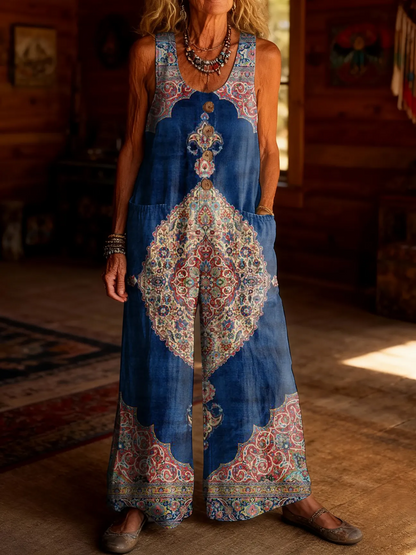 Women's Retro Hippie Heart Art Print Casual Jumpsuit 100% Cotton Material Wide-leg Design.