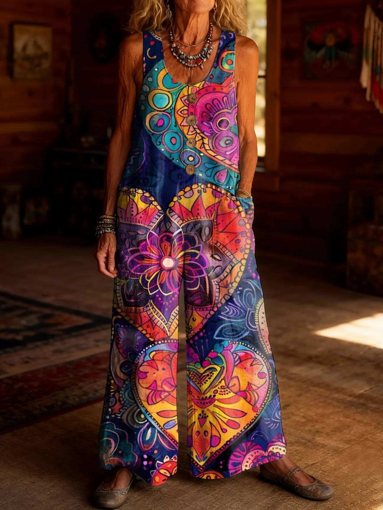 Women's Retro Hippie Heart Art Print Casual Jumpsuit 100% Cotton Material Wide-leg Design.