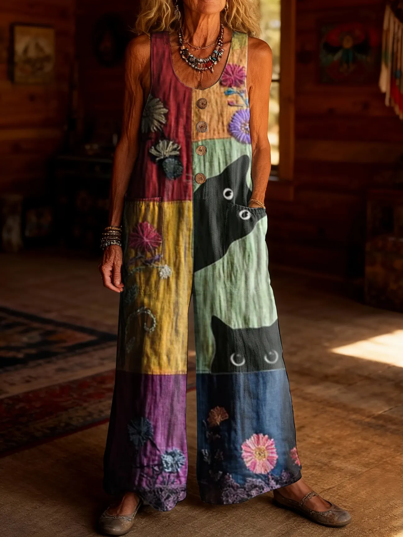 Women's Retro Hippie Heart Art Print Casual Jumpsuit 100% Cotton Material Wide-leg Design.