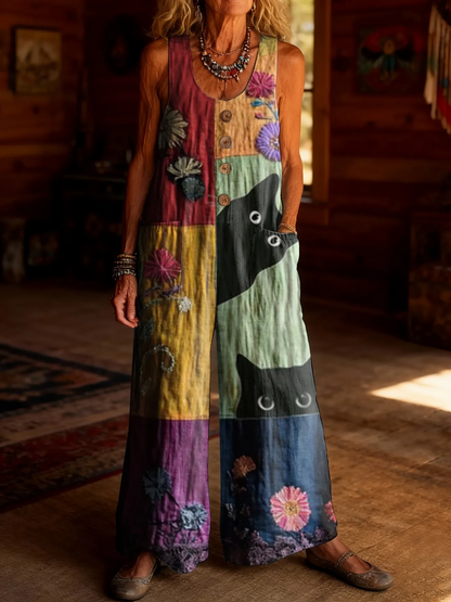 Women's Retro Hippie Heart Art Print Casual Jumpsuit 100% Cotton Material Wide-leg Design.