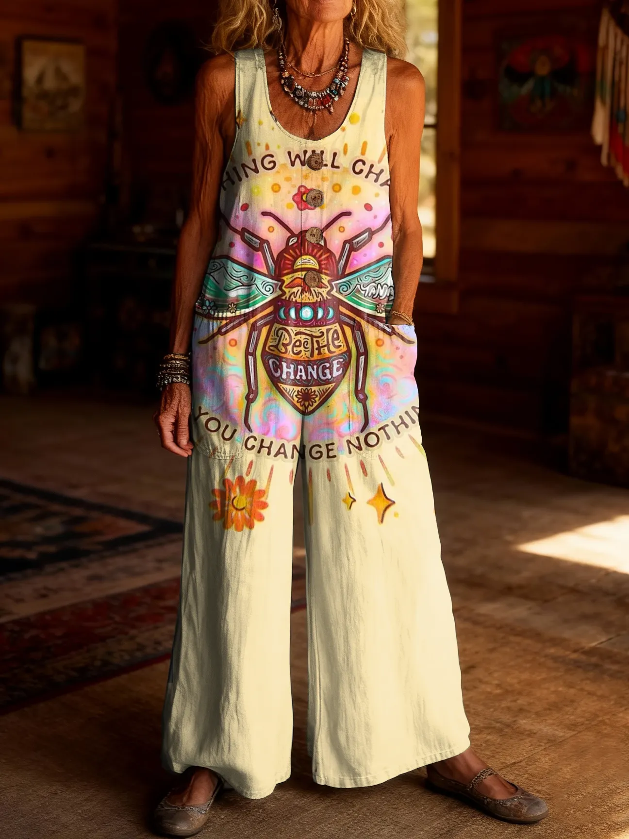 Women's Retro Hippie Heart Art Print Casual Jumpsuit 100% Cotton Material Wide-leg Design.