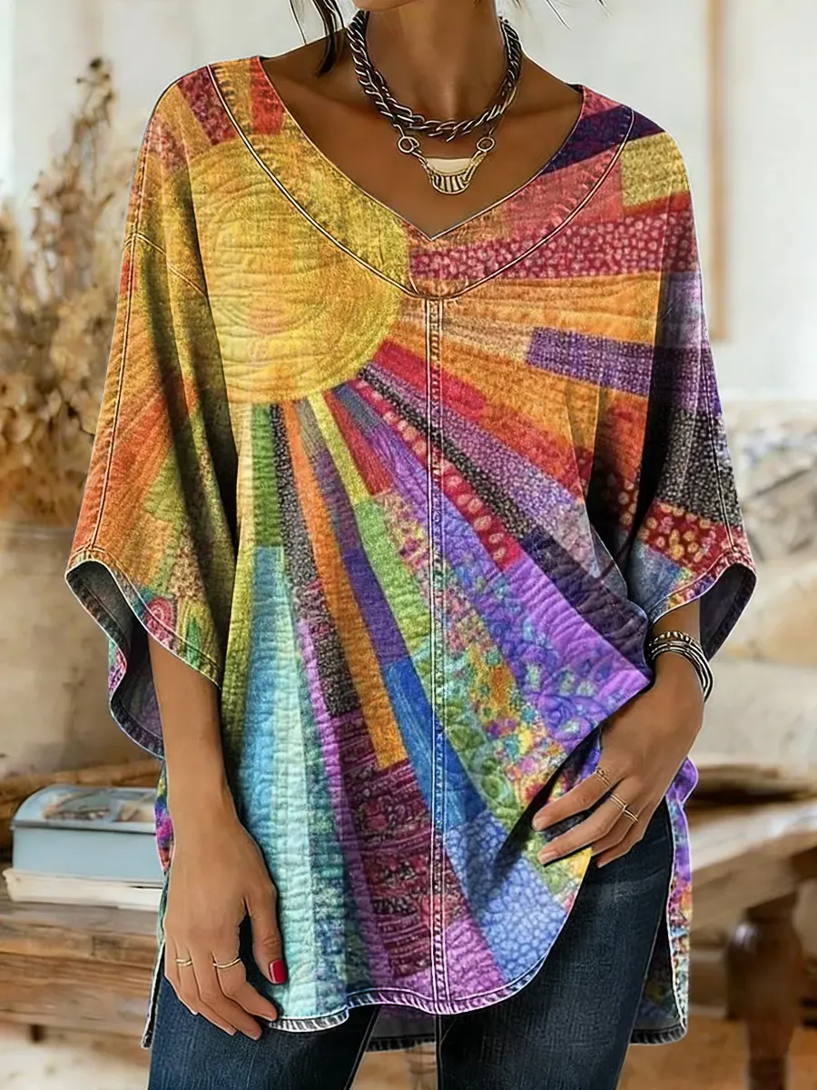 Women's Retro Ethnic Art Print Casual Long-Sleeve Round Neck Cotton T-Shirt