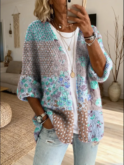 Women's Vintage Patchwork Floral Art Print Casual Cardigan Sweater