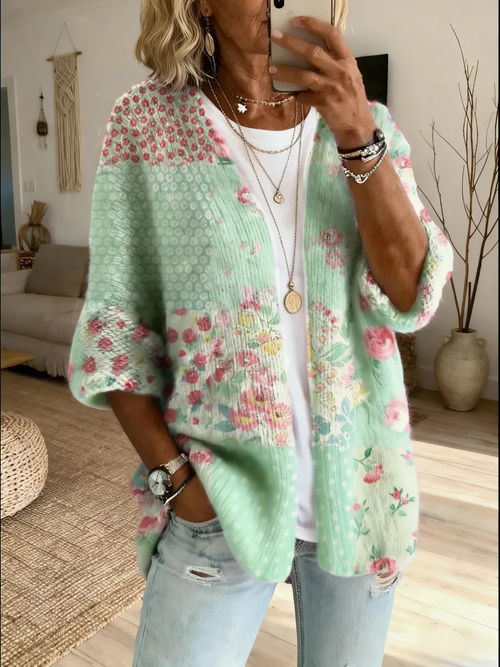Women's Vintage Patchwork Floral Art Print Casual Cardigan Sweater