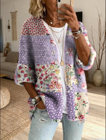 Women's Vintage Patchwork Floral Art Print Casual Cardigan Sweater