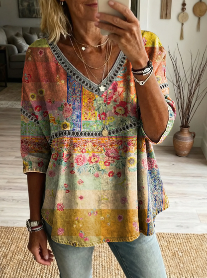 Women's Retro Ethnic Art Print Casual Long-Sleeve Round Neck Cotton T-Shirt